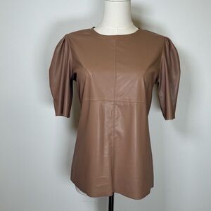 New! Lavender Brown ‘Kelly’ Tan Faux Leather Puff Sleeve Top Women’s Size XS